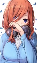 Rule 34 | 1girl, alisia0812, blue cardigan, blue eyes, breasts, brown hair, cardigan, closed mouth, fingernails, go-toubun no hanayome, hair between eyes, hair over one eye, hand in own hair, headphones, headphones around neck, highres, large breasts, long sleeves, nakano miku, petals, shirt, simple background, solo, upper body, white background, white shirt