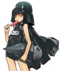 Rule 34 | 1girl, black hair, black one-piece swimsuit, cape, cosplay, darth vader, death star, flat chest, food, helmet, ice, kei (keigarou), name tag, one-piece swimsuit, orange eyes, parody, popsicle, school swimsuit, simple background, solo, star destroyer, star wars, sweatdrop, swimsuit, white background, yellow eyes