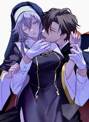 Rule 34 | 1boy, 1girl, 86 -eightysix-, biting, black cape, black dress, black hair, cape, commentary request, dress, gloves, grey eyes, grey hair, habit, hair between eyes, halloween costume, highres, holding another&#039;s wrist, imminent bite, long sleeves, neck biting, nun, one eye closed, open mouth, red eyes, shinei nouzen, shirt, short hair, signature, simple background, thighhighs, togu, twitter username, vampire costume, vladilena millize, white gloves, white shirt, white thighhighs, wide sleeves