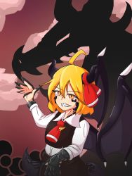 Rule 34 | absurdres, ascot, black skirt, blonde hair, blouse, bow, bowtie, dragon, dragon girl, dragon horns, dragon tail, dragon wings, dress shirt, druma, fangs, hair bow, hair ribbon, highres, horns, kappamin, monsterification, necktie, outstretched arms, red bow, red eyes, red neckwear, red ribbon, ribbon, rumia, scales, shirt, short hair, skirt, skirt set, smile, solo, spread arms, tail, touhou, vest, white shirt, wing collar, wings