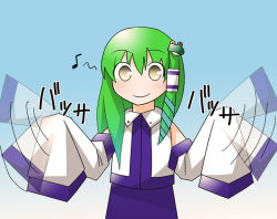 Rule 34 | 1girl, bad id, bad pixiv id, detached sleeves, female focus, flapping, frog, gradient background, green hair, grey background, hair between eyes, japanese clothes, kochiya sanae, long hair, miko, sleeves past wrists, solo, standing, touhou, upper body