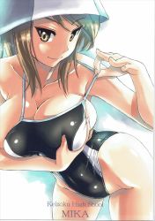Rule 34 | 10s, 1girl, adjusting clothes, adjusting swimsuit, blue hat, breast hold, breasts, brown eyes, brown hair, character name, cleavage, closed mouth, competition school swimsuit, english text, girls und panzer, hat, highres, large breasts, leaning forward, light smile, long hair, looking at viewer, matching hair/eyes, mika (girls und panzer), nenchi, one-piece swimsuit, scan, school swimsuit, solo, standing, swimsuit