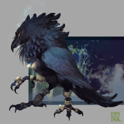 Rule 34 | animal focus, anklet, artist name, beak, bird, brown background, commentary, crow, from side, full body, half-closed eyes, highres, jewelry, multiple legs, murayama ryota, no humans, original, profile, ring, signature, simple background, solo, talons, white eyes, yatagarasu