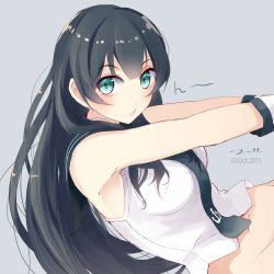 Rule 34 | 10s, 1girl, :o, agano (kancolle), anchor symbol, bad id, bad pixiv id, bare shoulders, black hair, black necktie, bottomless, breasts, eyebrows, from side, green eyes, groin, highres, kantai collection, long hair, looking at viewer, looking to the side, lying, navel, necktie, no panties, on back, out-of-frame censoring, parted lips, school uniform, serafuku, shirt, simple background, sleeveless, sleeveless shirt, solo, stretching, tebi (tbd11), white shirt