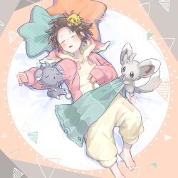 Rule 34 | 1boy, alternate costume, audino, audino (cosplay), barefoot, blanket, blush, brown hair, closed eyes, commentary, cosplay, creatures (company), cushion, drooling, espurr, from above, game freak, gen 5 pokemon, gen 6 pokemon, highres, holding, hood, hood down, joltik, lying, male focus, minccino, mouth drool, nate (pokemon), nintendo, on back, on head, onesie, open mouth, pokemon, pokemon (creature), pokemon bw2, pokemon on head, short hair, sleeping, symbol-only commentary, toes, upi (ukn18pkanother), watermark