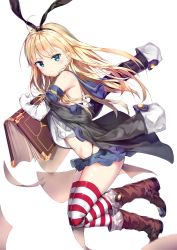 Rule 34 | &gt;:&lt;, 1girl, :&lt;, absurdres, ahoge, anchor, armpits, bare shoulders, black coat, black hairband, black panties, black ribbon, blonde hair, blue eyes, blue skirt, blurry, blush, book, boots, breasts, brown footwear, buttons, closed mouth, coat, cosplay, creator connection, crop top, daitai sotogawa (futomomo), depth of field, dropping, elbow gloves, from side, frown, full body, gloves, hair ribbon, hairband, high heel boots, high heels, highleg, highleg panties, highres, holding, holding book, kantai collection, legs together, lifebuoy, long hair, long sleeves, looking at viewer, looking back, microskirt, midriff, miniskirt, o-ring, off shoulder, open clothes, open coat, oversized object, panties, paper, parted bangs, pleated skirt, red thighhighs, ribbon, sailor collar, school uniform, serafuku, shimakaze (kancolle), shirt, simple background, skirt, sleeve cuffs, small breasts, solo, straight hair, string panties, striped clothes, striped thighhighs, swim ring, thighhighs, thighs, underwear, v-shaped eyebrows, white background, white gloves, white shirt, white thighhighs, zero (zero kara hajimeru mahou no sho), zero (zero kara hajimeru mahou no sho) (cosplay), zero kara hajimeru mahou no sho