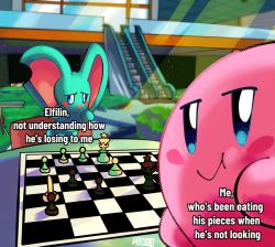 Rule 34 | animal ears, artisyone, blue eyes, blush stickers, board game, chess, chess piece, chessboard, commentary, eating the chess pieces (meme), elfilin, english commentary, english text, escalator, full mouth, kirby, kirby (series), kirby and the forgotten land, looking at viewer, mall, meme, mouse ears, nintendo, smile, table