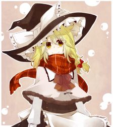 Rule 34 | 1girl, adapted costume, apron, black dress, blonde hair, bow, braid, capelet, dress, hair ribbon, hat, hat bow, kirisame marisa, long sleeves, looking at viewer, ribbon, scarf, single braid, smile, solo, touhou, waist apron, witch hat, yellow eyes, yuuta (monochrome)