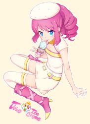 Rule 34 | 10s, 1girl, :p, aikatsu!, aikatsu! (series), aikatsu stars!, artist name, bare arms, beige background, belt, beret, blue eyes, blush, boots, cleavage cutout, clothing cutout, copyright request, dress, drill hair, eating, flat chest, food, full body, hand gesture, hat, high heel boots, high heels, holding, holding food, ice cream, ice cream cone, knee boots, long hair, looking at viewer, pink footwear, pink hair, sakuraba rola, short sleeves, sidelocks, simple background, sitting, solo, thighhighs, tongue, tongue out, v, wariza, white hat, yellow background, yoban, zettai ryouiki