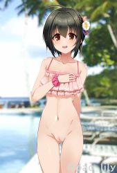 Rule 34 | 1girl, ahoge, arm behind back, black hair, blurry, blurry background, bottomless, brown eyes, cleft of venus, collarbone, commentary request, day, flower, frilled swimsuit, frills, gluteal fold, hair between eyes, hair flower, hair ornament, hand on own chest, highres, idolmaster, idolmaster cinderella girls, kohinata miho, light blush, looking at viewer, navel, nude filter, one-piece swimsuit, outdoors, paopao, pink one-piece swimsuit, pussy, short hair, sidelocks, smile, solo, stomach, swimsuit, tagme, thigh gap, thighs, third-party edit, twitter username, uncensored