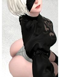 Rule 34 | 1girl, 2b (nier:automata), 3d, ass, black blindfold, blindfold, boots, breasts, highres, huge ass, juliet sleeves, large breasts, leotard, lips, long sleeves, marianart (porongoneitor), mole, mole under mouth, nier:automata, nier (series), puffy sleeves, short hair, sitting, solo, thigh boots, thighhighs, thighs, white hair