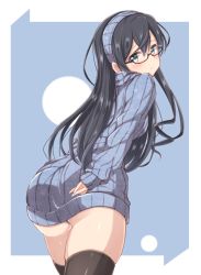 Rule 34 | 10s, 1girl, ass, black hair, blue eyes, glasses, hairband, jiino, kantai collection, long hair, ooyodo (kancolle), panties, ribbed sweater, solo, sweater, thighhighs, underwear