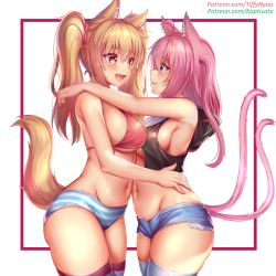 Rule 34 | 2girls, ahoge, animal ear fluff, animal ears, bikini, bikini top only, blonde hair, blue eyes, blush, breasts, cat ears, cat tail, closed mouth, collaboration, fang, hair between eyes, highres, hug, kaptivate, large breasts, long hair, looking at another, multiple girls, multiple tails, navel, nekomia (kaptivate), nottytiffy, open fly, open mouth, original, panties, patreon username, pink hair, red eyes, short shorts, shorts, sideboob, simple background, slit pupils, smile, striped clothes, striped legwear, striped panties, striped thighhighs, swimsuit, tail, thighhighs, thighs, tiffy (nottytiffy), twintails, unbuttoned, underwear, watermark, web address, white legwear, yellow eyes, yuri