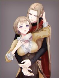 Rule 34 | 1boy, 1girl, blonde hair, blue eyes, breasts, brother and sister, cleavage, closed mouth, earrings, fire emblem, fire emblem: three houses, grey background, holding, holding mask, hug, hug from behind, inasa, jeritza von hrym, jewelry, long hair, long sleeves, mask, mercedes von martritz, nintendo, parted lips, short hair, siblings, simple background