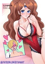 Rule 34 | 1boy, 1girl, alternate eye color, artist name, blonde hair, blood, blue eyes, blush, breasts, brown hair, charlotte pudding, cleavage, curvy, embarrassed, heart, hetero, highleg, highleg leotard, highres, large breasts, leotard, lips, long hair, looking at another, looking at viewer, nosebleed, one piece, open clothes, open shirt, parted bangs, red leotard, rita ya, sanji (one piece), shiny skin, shirt, short hair, simple background, smile, third eye, twintails, very long hair, white shirt, wide hips