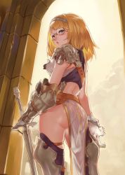 Rule 34 | 1girl, armor, armored boots, ass, asymmetrical clothes, blonde hair, blue eyes, boots, breasts, ceda (dace), closed mouth, cowboy shot, from behind, gauntlets, glasses, hairband, lips, looking at viewer, looking back, medium breasts, original, pauldrons, pelvic curtain, shiny skin, short hair, shoulder armor, skindentation, skull, solo, standing, sword, thigh strap, thighhighs, weapon