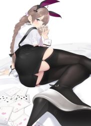 Rule 34 | 1girl, ace (playing card), ace of hearts, ahoge, ama mitsuki, animal ears, arm support, ass, black bow, black thighhighs, blouse, blurry, blurry foreground, blush, bow, braid, braided ponytail, brown hair, buttons, card, commentary request, covering face, covering own mouth, covering privates, dice hair ornament, fake animal ears, fine fabric emphasis, foreshortening, garter straps, hair between eyes, hair bow, hair ornament, heart, high-waist skirt, high heels, holding, holding card, legs, looking at viewer, low ponytail, lying, on side, original, pencil skirt, plaid, playing card, puffy short sleeves, puffy sleeves, purple eyes, rabbit ears, rabbit tail, revision, shirt, short sleeves, sidelocks, single braid, skindentation, skirt, solo, suspenders, tail, thighhighs, white shirt, wrist cuffs, zettai ryouiki
