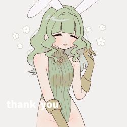 Rule 34 | 1girl, = =, adapted costume, animal ears, bare arms, bare hips, blunt bangs, breasts, brown gloves, closed eyes, cowboy shot, facing viewer, fake animal ears, flower, futaba sana, gloves, green hair, green leotard, grey background, groin, hand up, happy, heattech leotard, holding, holding own hair, laughing, leotard, light blush, magia record: mahou shoujo madoka magica gaiden, mahou shoujo madoka magica, medium hair, muted color, no nose, parted lips, rabbit ears, ribbed leotard, sidelocks, simple background, small breasts, solo, turtleneck, wavy hair, white flower, yuri7s0