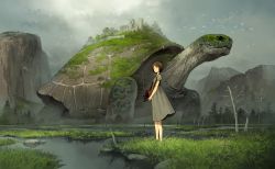 Rule 34 | 1girl, animal, bare legs, bare tree, bird, breasts, brown eyes, brown hair, building, camera, castle, cliff, cloud, cloudy sky, commentary request, day, dress, expressionless, full body, grass, grey dress, highres, moss, mountain, outdoors, oversized animal, plant, reptile, rock, scenery, short hair, short sleeves, sky, small breasts, tree, turtle, water, wetland, wide shot, yoshida seiji