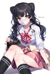 Rule 34 | 1girl, bag, banned artist, black bag, black hair, black socks, blunt bangs, brown eyes, commentary request, double bun, feet out of frame, frills, hair bun, head tilt, highres, idolmaster, idolmaster shiny colors, kneehighs, long hair, long sleeves, looking at viewer, mask, mayuzumi fuyuko, mouth mask, neck ribbon, official alternate costume, pink skirt, red ribbon, ribbon, sake dong, school bag, school uniform, shadow, simple background, skirt, sleeves rolled up, socks, solo, striped ribbon, twitter username, wavy hair, white background, white mask