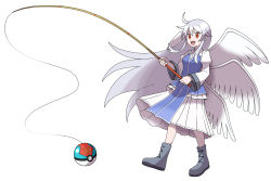 Rule 34 | 1girl, absurdres, adapted costume, ahoge, angel, angel wings, asatsuki (fgfff), blue tabard, blue vest, boots, dress, feathered wings, fishing rod, full body, grey footwear, grey hair, happy, highres, holding, juliet sleeves, long hair, long sleeves, multiple wings, open mouth, poke ball, puffy sleeves, red eyes, sariel (touhou), seraph, simple background, standing, tabard, teeth, touhou, touhou (pc-98), upper teeth only, very long hair, vest, white background, white dress, white wings, wings