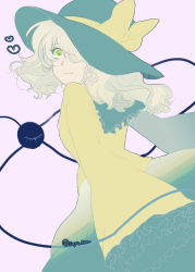 Rule 34 | 1girl, black hat, closed mouth, collared shirt, commentary request, cowboy shot, eyeball, frilled sleeves, frills, green eyes, green skirt, hat, hat ribbon, highres, kiui (kogane), komeiji koishi, looking at viewer, looking back, medium hair, ribbon, shirt, silver hair, simple background, skirt, sleeves past wrists, smile, solo, third eye, touhou, wavy hair, wide sleeves, yellow ribbon, yellow shirt