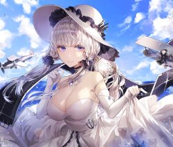 Rule 34 | 1girl, aircraft, airplane, azur lane, blue eyes, breasts, dress, elbow gloves, gloves, hat, illustrious (azur lane), kim eb, large breasts, long hair, looking at viewer, low twintails, mole, mole under eye, skirt hold, solo, thighhighs, twintails, white dress, white gloves, white hair, white hat