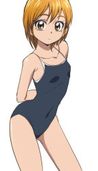 Rule 34 | 00s, 1girl, arms behind back, bare shoulders, brown eyes, brown hair, competition school swimsuit, eyelashes, futari wa precure, looking at viewer, misumi nagisa, oimanji, one-piece swimsuit, precure, school swimsuit, short hair, solo, swimsuit