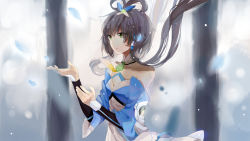 Rule 34 | 1girl, bare shoulders, black hair, floating hair, flower, green eyes, hair flower, hair ornament, hair rings, hair tubes, leaf, long hair, luo tianyi, petals, solo, vocaloid, vocanese, yoisy