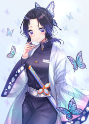 Rule 34 | 1girl, animal, bad id, bad pixiv id, belt, belt buckle, black hair, black jacket, black pants, blue background, breasts, buckle, bug, butterfly, butterfly hair ornament, commentary request, forehead, gradient hair, hair ornament, highres, insect, jacket, katana, kimetsu no yaiba, kochou shinobu, long sleeves, multicolored hair, open clothes, pants, parted bangs, purple eyes, purple hair, seungju lee, sheath, sheathed, simple background, small breasts, solo, sword, weapon, white belt, wide sleeves