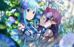 Rule 34 | 2girls, ahoge, asuna (sao), asuna (sao-alo), blue eyes, blue flower, blue hair, blurry, blurry foreground, closed eyes, closed mouth, detached sleeves, fingerless gloves, flower, from side, gloves, hair intakes, hairband, holding hands, long hair, looking at another, multiple girls, pointy ears, purple flower, purple gloves, purple hair, purple sleeves, red hairband, smile, sunlight, sword art online, yuuki (sao)
