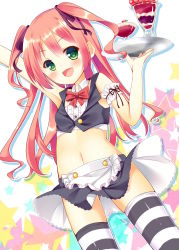 Rule 34 | 1girl, arm up, armpits, bekotarou, blush, fang, flat chest, food, green eyes, highres, long hair, midriff, navel, original, pink hair, ribbon, solo, striped clothes, striped thighhighs, thighhighs, tray, twintails, two side up, waitress, waving, wind, wind lift, zettai ryouiki
