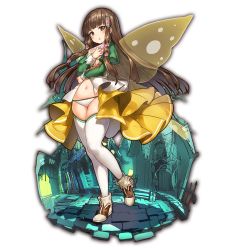 Rule 34 | 10s, 1girl, :o, amagi brilliant park, book, brown hair, fairy wings, flower, full body, hair flower, hair ornament, holding, holding book, juliet sleeves, koborii (amaburi), last period, long hair, long sleeves, looking at viewer, navel, official art, puffy sleeves, red eyes, showgirl skirt, sidelocks, solo, standing, thighhighs, transparent background, white thighhighs, wings
