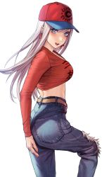 Rule 34 | 1girl, applekun, ass, baseball cap, belt, blue eyes, breasts, denim, earrings, fate/grand order, fate (series), fingernails, hair down, hat, high-waist pants, highres, jeans, jewelry, large breasts, long sleeves, midriff, miyamoto musashi (fate), miyamoto musashi (traveling outfit) (fate), nail polish, pants, pink hair, simple background, smile, solo, white background