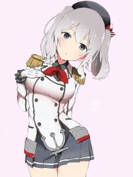 Rule 34 | 1girl, arm behind back, beret, black hat, blush, breasts, buttons, epaulettes, gloves, grey eyes, grey hair, hand on own chest, hat, heart, highres, jacket, kantai collection, kashima (kancolle), long sleeves, looking at viewer, medium breasts, military, military uniform, nishikino kee, parted lips, pleated skirt, skirt, solo, twintails, uniform, white gloves
