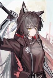 Rule 34 | 1girl, animal ear fluff, animal ears, arknights, artist name, belt, belt pouch, black cape, black hair, breasts, cape, closed mouth, commentary request, erober, extra ears, gauntlets, gloves, hair between eyes, highres, holding, holding sword, holding weapon, hood, hood down, long hair, long sleeves, looking at viewer, medium breasts, pouch, red cape, signature, simple background, solo, sword, texas (arknights), texas the omertosa (arknights), texas the omertosa (wingbreaker) (arknights), weapon, white background, white gloves, wolf ears, wolf girl, yellow eyes