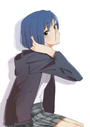 Rule 34 | 1girl, adjusting hair, black hoodie, blue hair, bob cut, breasts, chinese commentary, commentary, darling in the franxx, dress shirt, drop shadow, film grain, from side, green eyes, grey skirt, hair ornament, hair over face, hairclip, highres, hood, hood down, hoodie, ichigo (darling in the franxx), liangsos, looking at viewer, looking to the side, open clothes, open hoodie, parted lips, plaid, plaid skirt, playing with own hair, pleated skirt, school uniform, shirt, short hair, simple background, sitting, skirt, small breasts, solo, white background, white shirt