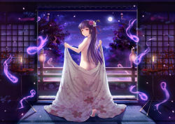 Rule 34 | 1girl, ass, back, barefoot, bed sheet, breasts, candle, candlestand, dress, floral print, flower, full moon, ghost, hair flower, hair ornament, hime cut, lantern, long hair, looking at viewer, looking back, moon, moonlight, naked sheet, night, noe noel, nude, open clothes, open dress, original, purple hair, red eyes, see-through, see-through silhouette, sky, smile, solo, star (sky), starry sky, tatami, tree, veranda, very long hair, wind chime