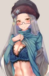 Rule 34 | 1girl, absurdres, azur lane, bad id, bad pixiv id, blue bra, blush, bra, breasts, cleavage, clothes lift, glasses, grey background, grey hair, hat, highres, jacket, lace, lace-trimmed bra, lace trim, large breasts, lifting own clothes, long hair, long sleeves, looking at viewer, navel, off shoulder, ribbed sweater, shangri-la (azur lane), shangri-la (utopia&#039;s collector) (azur lane), simple background, smile, snowflake pin, solo, stomach, straight hair, suujiniku, sweat, sweater, sweater lift, turtleneck, turtleneck sweater, underwear, upper body, yellow eyes