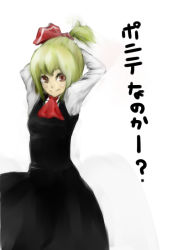 Rule 34 | 1girl, alternate hairstyle, bad id, bad pixiv id, blonde hair, embodiment of scarlet devil, female focus, gradient background, is that so, ponytail, red eyes, rumia, sankansan, solo, touhou, translated, white background
