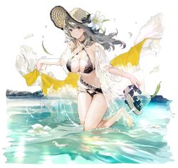 Rule 34 | 1girl, artist request, azur lane, bare shoulders, barefoot, belt, breasts, charybdis (azur lane), charybdis (prim sea breeze) (azur lane), choker, cleavage, criss-cross halter, earrings, feet, flower, foot out of frame, full body, grey eyes, grey hair, halterneck, hat, highres, jewelry, large breasts, leg up, legs, long hair, looking at viewer, nail polish, navel, official art, parted lips, partially submerged, petals, sandals, see-through, shiny skin, simple background, smile, solo, stomach, sun hat, swimsuit, thighs, toeless footwear, toenail polish, toenails, toes, wading, water, water drop