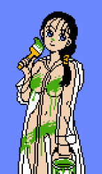 Rule 34 | 1girl, black hair, blue background, blue eyes, breasts, censored, convenient censoring, holding, jaleco, large breasts, long hair, long sleeves, looking to the side, navel, okkotoshi puzzle tonjan!?, paint, paint can, paint on clothes, paint splatter, paint splatter on face, paintbrush, pixel art, ponytail, raincoat, saiwai hiroshi, see-through, smile, standing