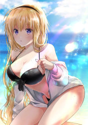 Rule 34 | 1girl, bikini, black bikini, black bow, blonde hair, blue sky, blurry, blurry background, bow, bow bikini, braid, breasts, cleavage, cloud, commentary request, day, depth of field, fate/grand order, fate (series), hair between eyes, hand up, highres, hood, hood down, hooded jacket, horizon, iroha (shiki), jacket, jeanne d&#039;arc (fate), jeanne d&#039;arc (ruler) (fate), jeanne d&#039;arc (swimsuit archer) (fate), jeanne d&#039;arc (swimsuit archer) (first ascension) (fate), large breasts, long hair, long sleeves, navel, ocean, off shoulder, outdoors, purple eyes, revision, sky, solo, swimsuit, very long hair, water, wet, white jacket