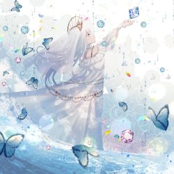 Rule 34 | 1girl, aono 99, bare shoulders, blue eyes, blurry, blurry foreground, bridal veil, bug, butterfly, choker, closed mouth, commentary request, crown, dress, facing away, floating, floating object, floral background, gem, hair ornament, highres, insect, long dress, long hair, long sleeves, looking away, original, outstretched arm, sleeves past wrists, smile, solo, veil, water, water drop, white background, white dress, white hair