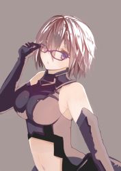 Rule 34 | 1girl, armor, bad id, bad pixiv id, blue eyes, breasts, elbow gloves, fate/grand order, fate (series), glasses, gloves, hair over one eye, large breasts, looking at viewer, mash kyrielight, navel, parted lips, purple background, purple eyes, purple hair, satsuki (kasuga 521), short hair, simple background, solo