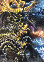 Rule 34 | absurdres, alien, breath weapon, breathing lightning, colored sclera, commentary request, dragon, dragon horns, fangs, g.n.a., ghidorah, the three-headed monster, giant, giant monster, glowing, glowing eyes, godzilla, godzilla, mothra and king ghidorah: giant monsters all-out attack, godzilla: final wars, godzilla: king of the monsters, godzilla: planet of the monsters, godzilla: the planet eater, godzilla (monsterverse), godzilla (series), godzilla (shin), godzilla earth, godzilla vs. king ghidorah, highres, horns, hydra, kaijuu, keizer ghidorah, king ghidorah, king ghidorah (monsterverse), legendary pictures, mecha-king ghidorah, monster, monsterverse, no humans, no pupils, open mouth, polygon pictures, possessed, red eyes, scales, sharp teeth, shin godzilla, space monster, spikes, teeth, toho, white eyes