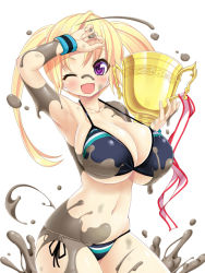 Rule 34 | 1girl, bikini, blonde hair, blush, breasts, huge breasts, long hair, looking at viewer, mud, one eye closed, open mouth, purple eyes, shuz (dodidu), simple background, smile, solo, strap gap, swimsuit, trophy, twintails, white background