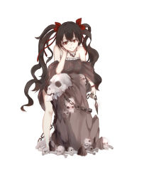 Rule 34 | 1girl, bare shoulders, bead bracelet, beads, black hair, bone, bow, bracelet, broken (7589468), chain, head rest, dress, frills, hair ribbon, jewelry, kunai, long hair, looking at viewer, necklace, original, red bow, red eyes, ribbon, skull, smile, solo, standing, strapless, strapless dress, very long hair, wavy hair, weapon
