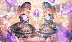 Rule 34 | 2girls, apple caramel, black dress, blonde hair, blue dress, blue eyes, blush, bug, butterfly, commentary request, dress, flower, gem, hair between eyes, hair ornament, highres, holding, holding gem, insect, long hair, looking at viewer, multiple girls, original, purple eyes, smile, sparkle, tagme, twintails