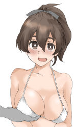 Rule 34 | 1girl, bikini, black ribbon, grabbing another&#039;s breast, breasts, bright pupils, brown eyes, brown hair, cleavage, commentary, elf (stroll in the woods), girls und panzer, grabbing, hair ribbon, halterneck, highres, koyama yuzu, large breasts, looking at viewer, medium hair, open mouth, out of frame, pov, ribbon, simple background, smile, swimsuit, textless version, upper body, white background, white bikini, white pupils